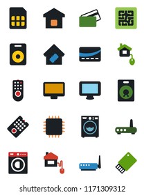Color and black flat icon set - monitor vector, speaker, sim, washer, smart home, credit card, control, chip, remote, router, usb flash