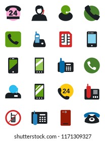 Color and black flat icon set - phone vector, no mobile, office, 24 hours, support, cell, radio, back, call, sim