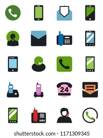 Color and black flat icon set - phone vector, mobile, office, 24 hours, support, cell, radio, mail, call