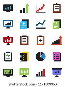 Color and black flat icon set - growth statistic vector, monitor, diagnosis, pulse clipboard, statistics, bar graph, pie, checklist, point, presentation