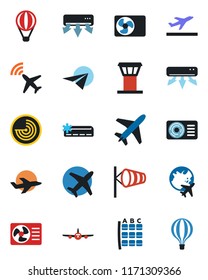 Color and black flat icon set - plane vector, airport tower, radar, departure, wind, seat map, globe, air conditioner, paper, balloon
