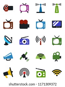 Color and black flat icon set - antenna vector, satellite, radio, loudspeaker, tv, video camera, wireless
