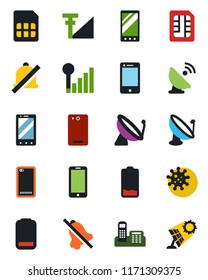Color and black flat icon set - satellite antenna vector, mobile phone, virus, cell, low battery, back, sim, mute, cellular signal, office, sun panel