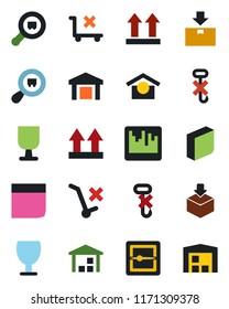 Color and black flat icon set - fragile vector, warehouse storage, up side sign, no trolley, hook, package, search cargo, scanner, blank box