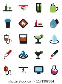 Color and black flat icon set - hot cup vector, water drop, dropper, flammable, monitor, alcohol, drink, cocktail, filter, sprinkler, flask