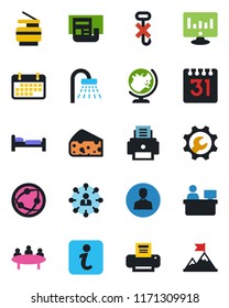 Color and black flat icon set - globe vector, bed, shower, hierarchy, meeting, manager place, statistic monitor, term, no hook, network, user, calendar, root setup, news, printer, copier, cheese