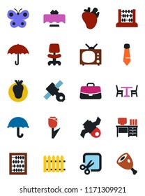 Color and black flat icon set - cafe vector, office chair, case, abacus, desk, tie, fence, butterfly, real heart, satellite, umbrella, tulip, cut, tv, restaurant table, ham