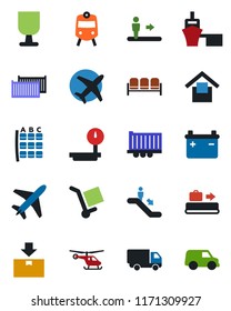 Color and black flat icon set - plane vector, baggage conveyor, train, escalator, waiting area, helicopter, seat map, truck trailer, cargo container, car delivery, sea port, fragile, package