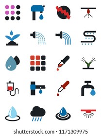 Color and black flat icon set - crisis graph vector, watering, water drop, rain, drip irrigation, dropper, menu, supply, sprinkler