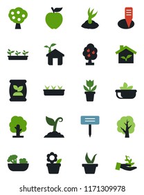 Color and black flat icon set - flower in pot vector, seedling, tree, sproute, plant label, fertilizer, fruit, salad, apple, eco house, palm