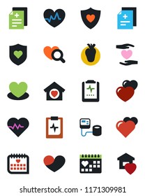 Color and black flat icon set - heart vector, pulse, diagnosis, blood pressure, diagnostic, shield, hand, real, medical calendar, clipboard, sweet home