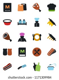 Color and black flat icon set - cook vector, cafe, hat, menu, bacon, salt and pepper, ham, bowl, rolling pin, cutting board, knife, steaming pan