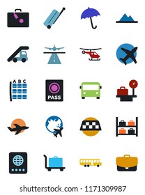 Color and black flat icon set - runway vector, taxi, suitcase, baggage trolley, airport bus, umbrella, passport, ladder car, helicopter, seat map, luggage storage, scales, plane globe, mountains