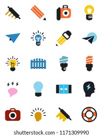 Color and black flat icon set - automatic door vector, brainstorm, bulb, camera, pencil, fence, rolling pin, energy saving, shining head, idea, paper plane, crisis management