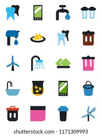 Color and black flat icon set - trash bin vector, shower, bucket, tooth, mobile, blank box, water supply, bathroom, serviette, filter, windmill