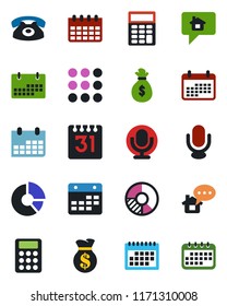 Color and black flat icon set - calendar vector, circle chart, microphone, menu, calculator, phone, home message, money bag