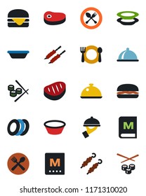 Color and black flat icon set - spoon and fork vector, dish, cafe, menu, plates, waiter, steak, kebab, hamburger, bowl, sushi