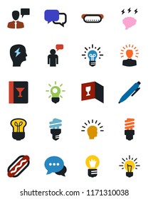 Color and black flat icon set - speaking man vector, pen, brainstorm, bulb, dialog, wine card, hot dog, energy saving, shining head, idea