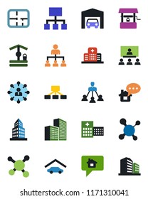 Color and black flat icon set - hierarchy vector, well, molecule, hospital, office building, garage, plan, home message