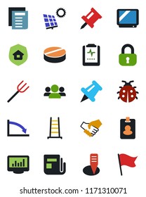 Color and black flat icon set - document vector, farm fork, ladder, lady bug, plant label, pills, pulse clipboard, news, tv, paper pin, monitor statistics, drawing, sun panel, lock, estate insurance