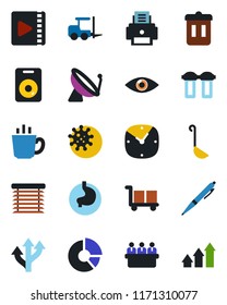 Color and black flat icon set - satellite antenna vector, fork loader, meeting, circle chart, stomach, eye, virus, route, cargo, speaker, clock, video, printer, pen, coffee, ladle, water filter
