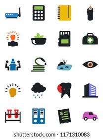 Color and black flat icon set - office building vector, binder, notepad, rain, hose, doctor case, blood test vial, caries, eye, sd, calculator, meeting, pond, salad, candle, restaurant receipt, car