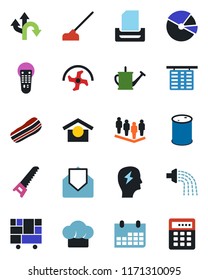 Color and black flat icon set - flight table vector, team, brainstorm, calendar, ripper, watering can, saw, hoe, route, consolidated cargo, warehouse storage, oil barrel, remote control, mail, bacon