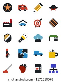 Color and black flat icon set - coffee machine vector, desk, pencil, hoe, pills blister, ambulance car, real heart, delivery, shield, torch, application, tie, garage, factory, cook hat, dress code
