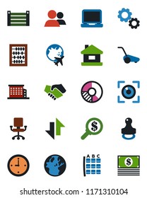 Color And Black Flat Icon Set - Seat Map Vector, Plane Globe, Abacus, Circle Chart, Lawn Mower, Container, Laptop Pc, Group, Data Exchange, Clock, Stamp, House, Office Building, Eye Scan, Gear, Cash