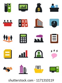 Color and black flat icon set - reception vector, handshake, office building, team, mouse, document, money bag, brainstorm, factory, clipboard, monitor statistics, bar graph, folder, calculator, pc