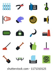 Color and black flat icon set - wind vector, radar, job, shovel, rake, pruner, glove, hoe, sickle, picnic table, doctor case, office phone, speaker, battery, paper tray, factory, cutting board