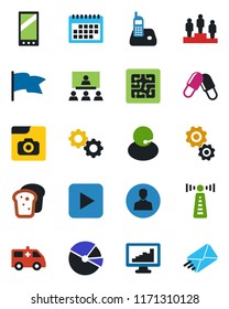 Color And Black Flat Icon Set - Antenna Vector, Pedestal, Pills, Ambulance Car, Support, Radio Phone, Play Button, Mobile, User, Photo Gallery, Calendar, Monitor Statistics, Pie Graph, Hierarchy