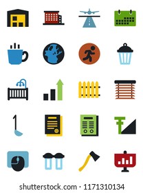 Color and black flat icon set - runway vector, growth statistic, mouse, fence, axe, garden light, run, cellular signal, calendar, contract, warehouse, office building, children room, coffee, ladle