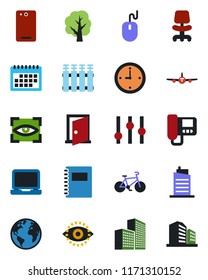 Color and black flat icon set - plane vector, office chair, mouse, tree, bike, earth, settings, laptop pc, phone back, eye id, calendar, copybook, clock, building, city house, intercome, radiator