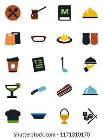 Color and black flat icon set - coffee vector, dish, serviette, cafe, cook hat, menu, cocktail, bacon, waiter, egg stand, salt and pepper, restaurant receipt, hot dog, ladle, bowl, cutting board