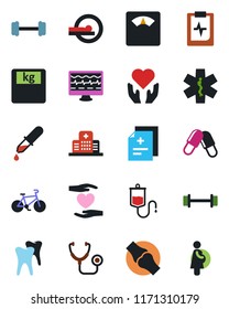 Color and black flat icon set - monitor pulse vector, diagnosis, stethoscope, dropper, scales, pills, tomography, ambulance star, barbell, bike, heart hand, tooth, joint, clipboard, hospital