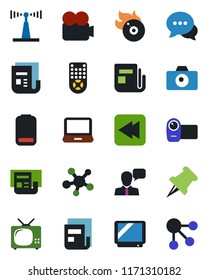 Color and black flat icon set - camera vector, flame disk, antenna, news, tv, video, remote control, dialog, speaker, laptop pc, share, paper pin, low battery, rewind, social media