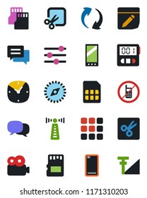 Color and black flat icon set - antenna vector, no mobile, phone back, menu, message, update, tuning, clock, stopwatch, sd, sim, notes, cut, compass, video, cellular signal