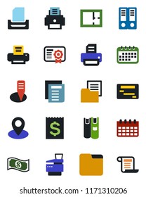 Color and black flat icon set - office binder vector, document, calendar, printer, plant label, pin, receipt, folder, paper tray, copier, book, plan, cash, schedule, certificate, contract