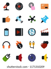 Color and black flat icon set - clapboard vector, vinyl, flame disk, microphone, satellite, network, touch screen, headphones, share, finger up, heart, paper pin, battery, mail, rca, video, sound