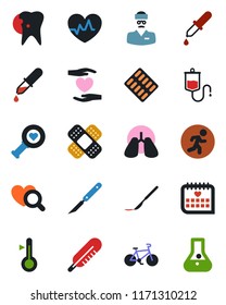 Color and black flat icon set - heart pulse vector, dropper, thermometer, diagnostic, pills blister, scalpel, patch, bike, run, hand, lungs, caries, medical calendar, doctor, flask