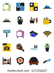 Color and black flat icon set - passport control vector, tv, clouds, luggage storage, stamp, flower in pot, plant label, photo gallery, application, pool, mountains, cushioned furniture, wireless