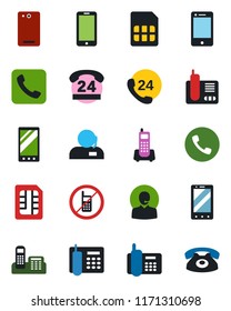 Color and black flat icon set - phone vector, no mobile, office, 24 hours, cell, radio, back, call, sim, support