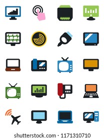Color and black flat icon set - plane radar vector, notebook pc, statistic monitor, pulse, tv, touch screen, laptop, hdmi, statistics, intercome