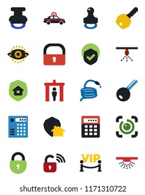 Color and black flat icon set - security gate vector, alarm car, lock, hose, shield, eye id, stamp, key, estate insurance, vip zone, wireless, home protect, combination, sprinkler