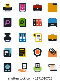 Color and black flat icon set - passport vector, office binder, document search, stamp, printer, folder, case, paper clip, news, archive box, contract