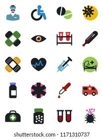 Color and black flat icon set - disabled vector, heart pulse, doctor case, syringe, blood test vial, dropper, thermometer, pills, bottle, ampoule, patch, ambulance star, car, hospital bed, eye