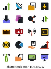 Color and black flat icon set - antenna vector, growth statistic, document, folder, barcode, satellite, share, scanner, sd, data exchange, download, monitor statistics, pie graph, wireless