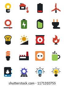 Color and black flat icon set - hot cup vector, bulb, fire, oil barrel, low battery, brightness, charge, windmill, factory, home control, socket, power plug, water heater, energy saving, sun panel