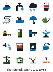 Color and black flat icon set - watering can vector, bucket, rain, well, hose, pond, drip irrigation, sea port, umbrella, warehouse, pool, water supply, drink, heater, warm floor